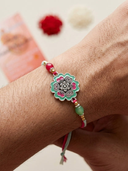 Set of 3 Floral Enamel Rakhi for Brother with Multi & Beads, Roli Chawal & Card (147-CHR1-1966-3-2026)