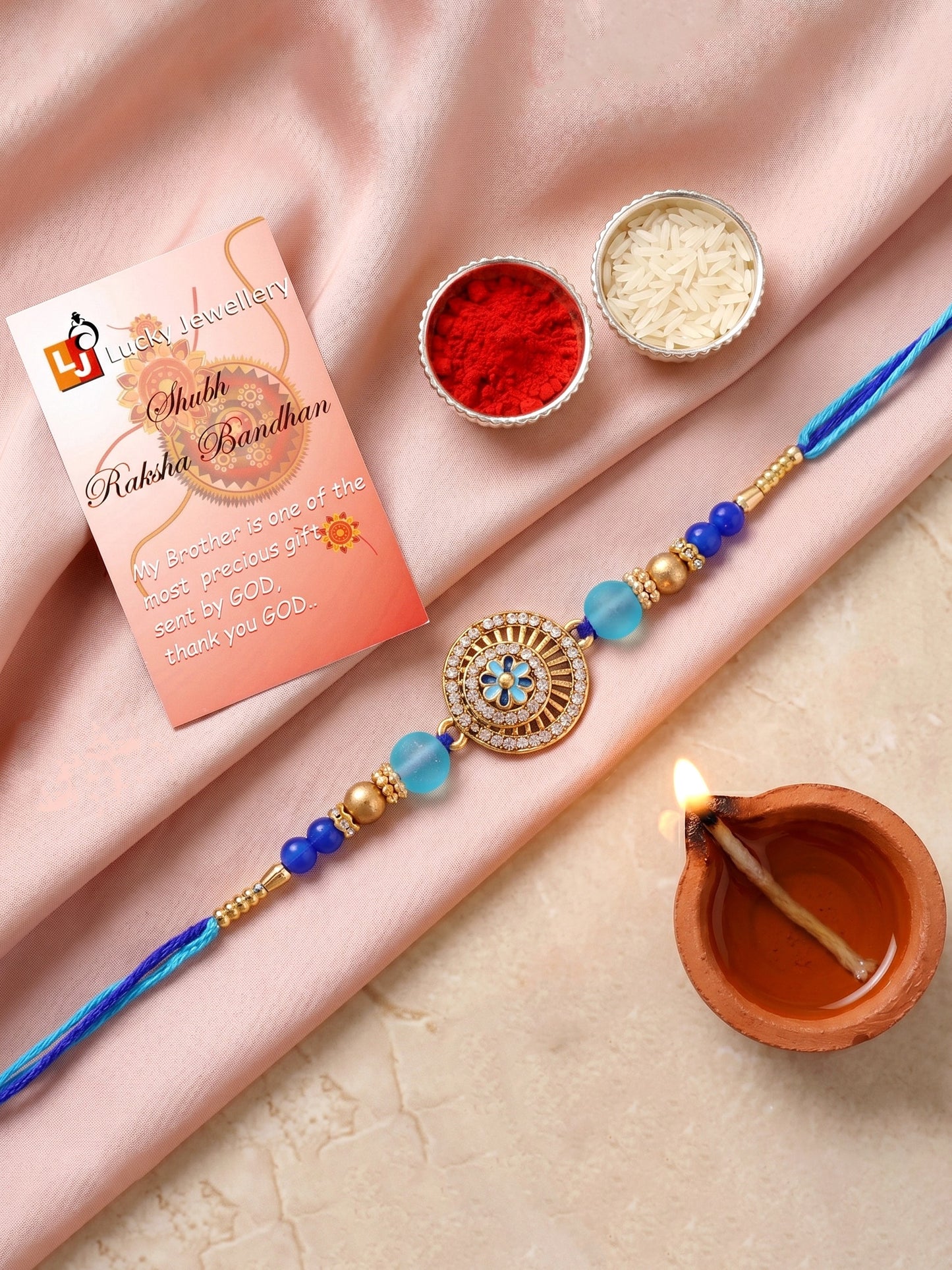 Designer Evil Eye Rakhi for Brothers with Roli Chawal & Card | Gold-Tone Crystal Studded Floral Set (109-S7R1-EA4107)