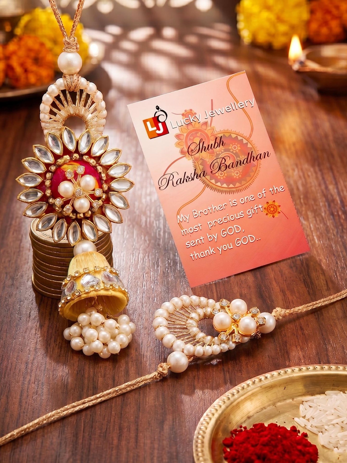 Designer Floral Kundan Bhaiya Bhabhi Rakhi Set | Yellow Jhumki Lumba & White Stone Beaded Rakhi (240-S7R1-PJ7402-M)