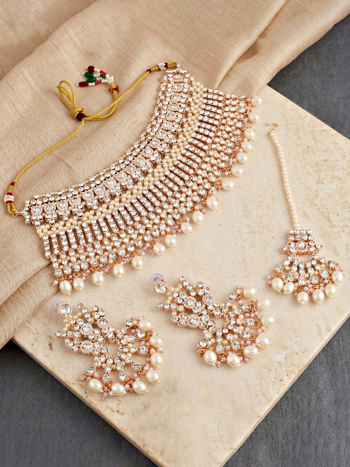 Rose Gold Plated AD White Stone & Pearl Bridal Choker Jewellery Set with Maang Tikka (974-B5SP-007-W)