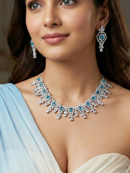 Silver-Tone Ferozi (Turquoise) Stone & American Diamond Necklace Set with Earrings for Women – Office, Party & Function Wear (1717-K4SA-2242-F-S)