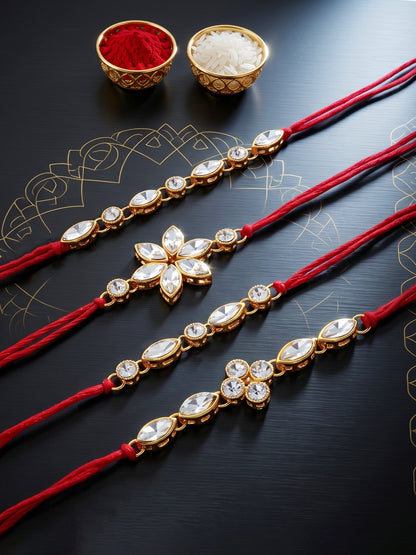 LUCKY JEWELLERY Traditional Rakhi for Brother/Bhaiya – Gold Plated Red Thread Rakshabandhan Rakhie White Stones for Bhai/Bhabhi (Pack of 4) – Fancy Rakhee Bracelet Rakshasutra (149-L1R1-11-W-4-2026)
