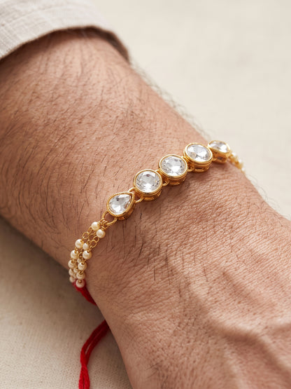 LUCKY JEWELLERY Traditional Rakhi for Brother/Bhaiya – Gold Plated Red Thread Rakshabandhan Rakhie White Stones for Bhai/Bhabhi (Pack of 3) – Fancy Rakhee Bracelet Rakshasutra (159-L1R1-01-W-3-2026)