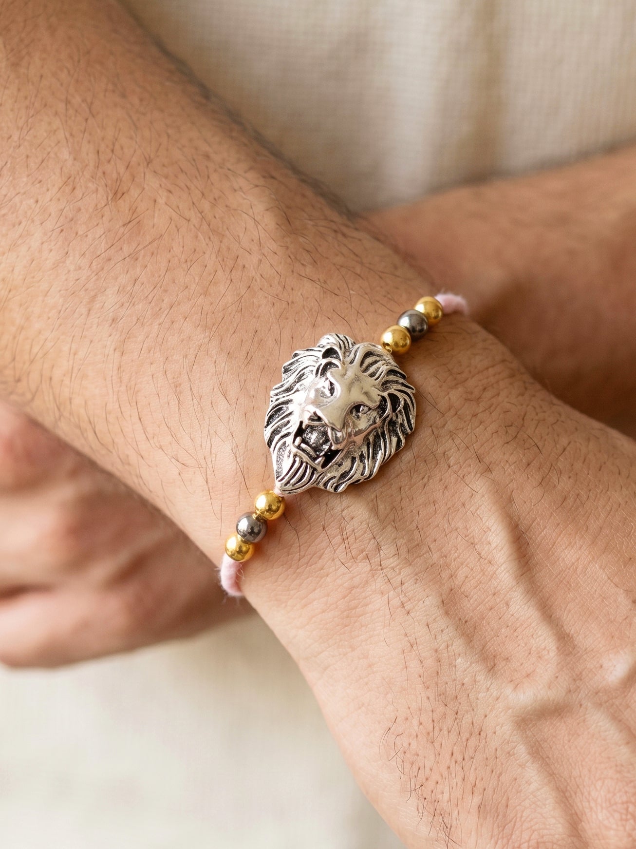 Lion Face Rakhi Set of 2 for Brothers With Metallic Gold & Silver Charm with Beaded, Roli, Chawal (250-CHR1-1175-2-2026)