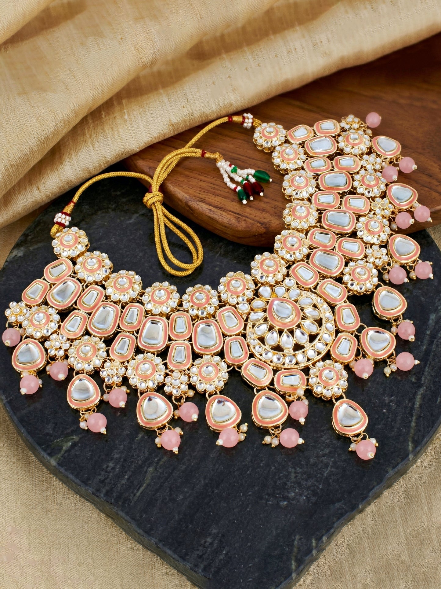 Bridal Kundan Pink Choker Jewellery Set with Hathphool & Nath (2541-IZK-554-PK)
