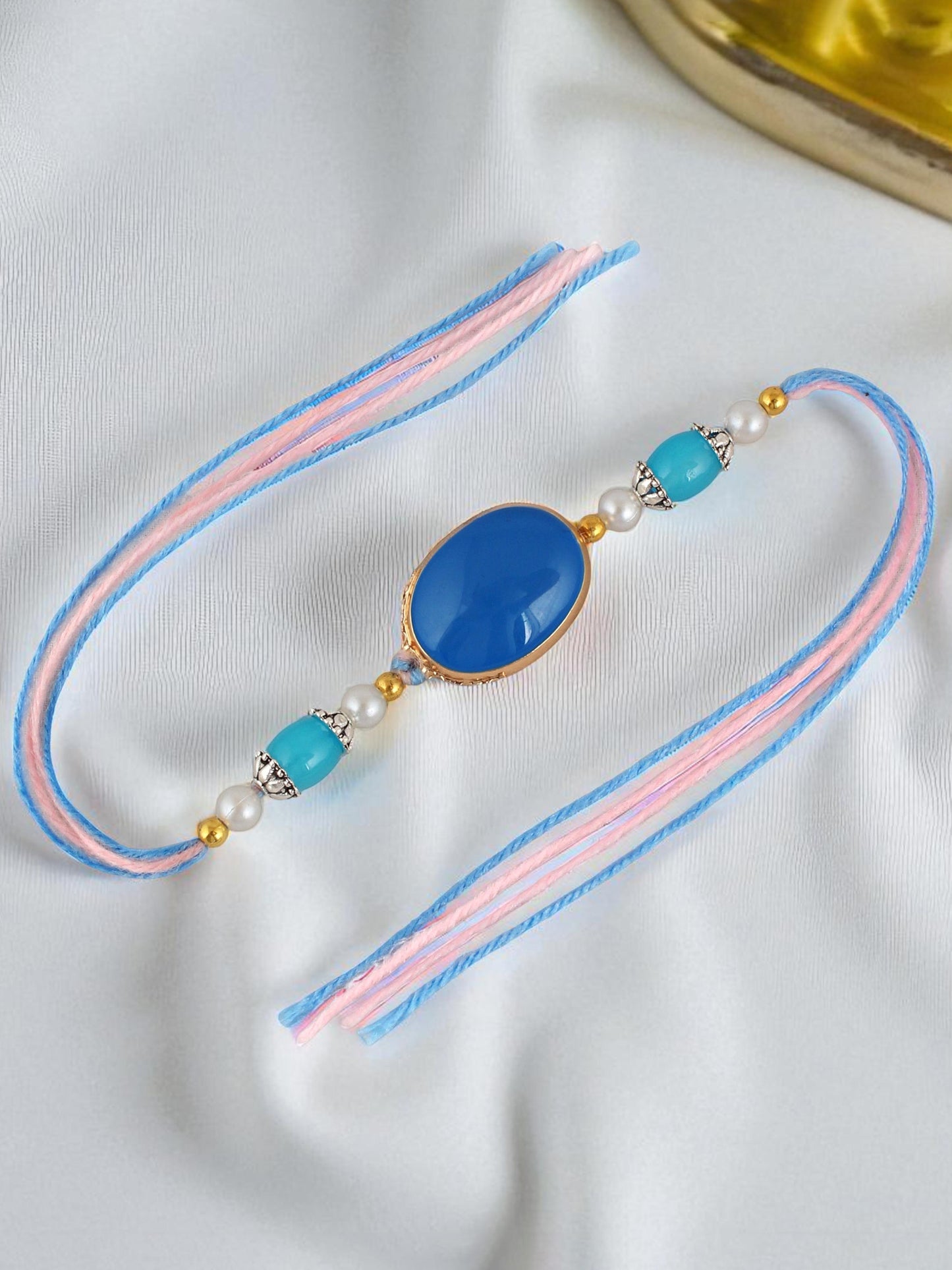 Lucky Jewellery Designer Blue & Turquoise Meena Rakhi - Rakshabandhan Rakhee with Tasseled Lumba Bracelet for Brother Bhaiya Bhai Bhabhi - Pack of 2 (265-CHCR1-1151-FB-2)