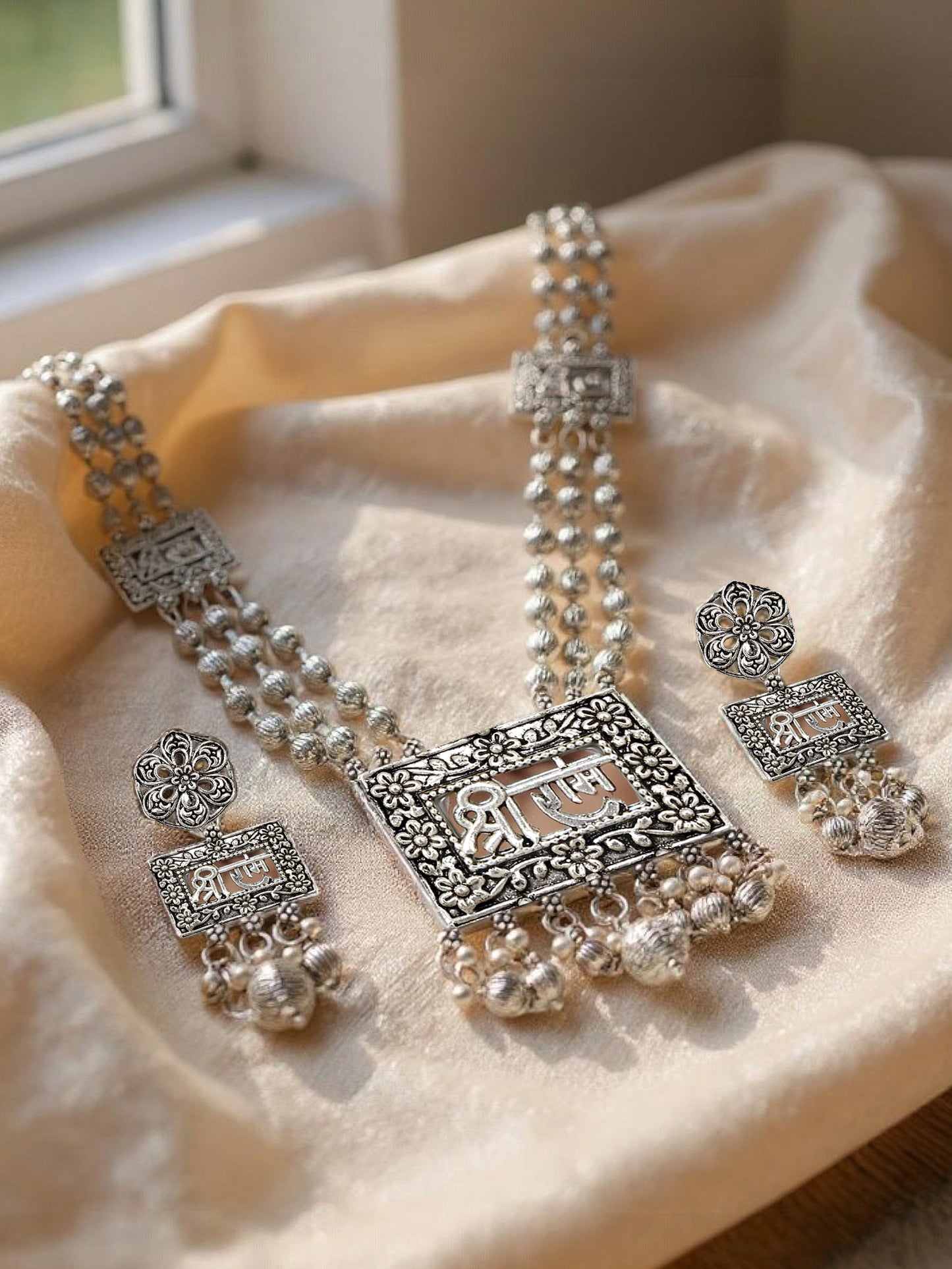 Oxidised Silver Plating Temple Jewellery Long Necklace Set for Women & Girls