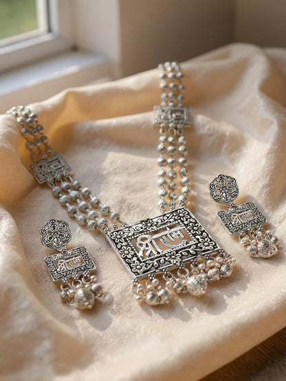 Oxidised Silver Plating Temple Jewellery Long Necklace Set for Women & Girls