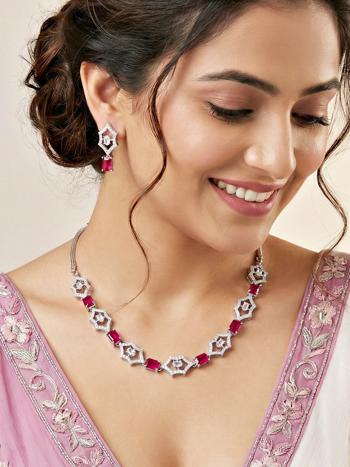 Silver-Tone Ruby Red Stone & American Diamond Necklace Set with Earrings for Women – Office, Party & Function Wear (628-K4SA-2240-R-S)