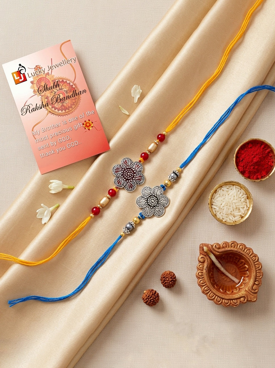 Set of 2 Floral Pendant Rakhi for Brother with Maroon & Blue Beads, Roli Chawal & Card (108-CHR1-1967-S-2-2026)