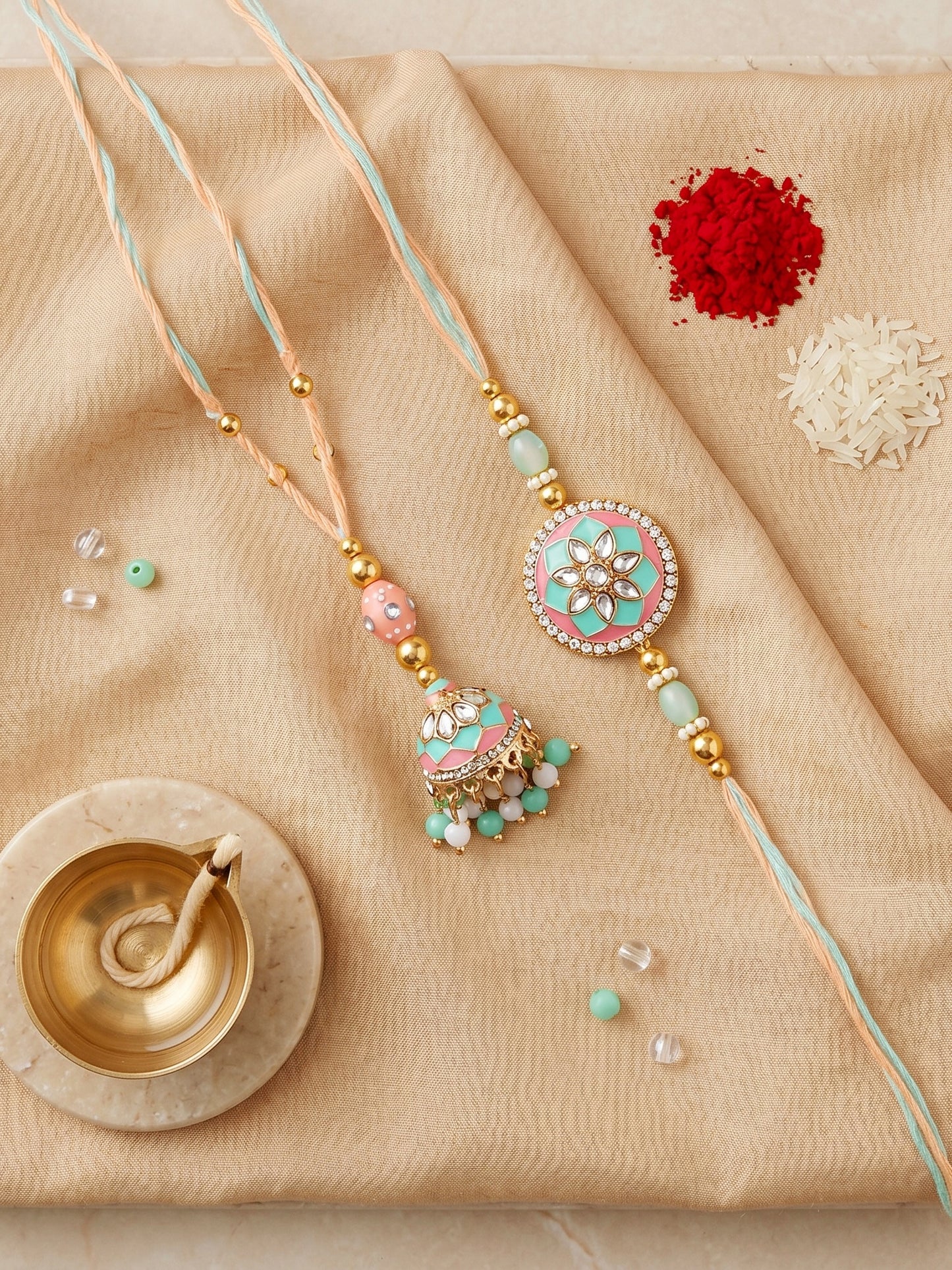 Set of 2 Pastel Green & Pink Bhaiya Bhabhi Rakhi Set, Kundan Floral Lumba with Beads, Roli, Chawal (325-CHCR1-1152-PKMNT-2-2026)