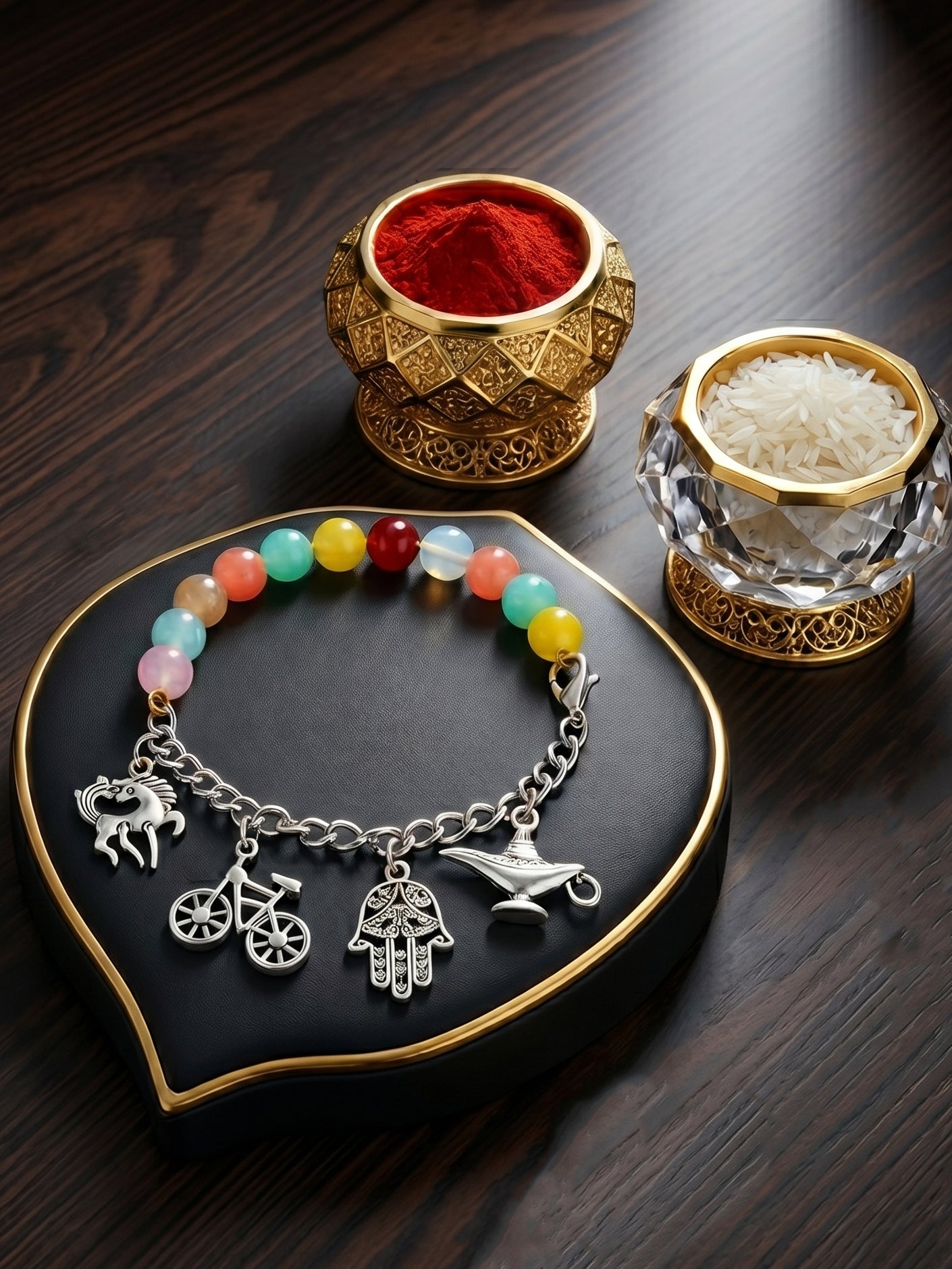 Bracelet Rakhi with Small Silver Charms, Multi & Pastel Beads, Roli Chawal & Card (158-N4B2O-1991-MT-2026)