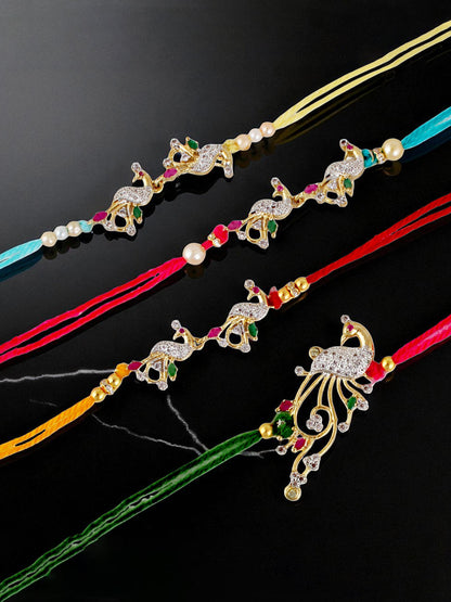 Lucky Jewellery Designer Gold Plated American Diamond (AD) Stone Rakhi - Rakshabandhan Peacock Design Rakhee Lumba Bracelet with Pull Chain for Brother Bhaiya Bhai Bhabhi - Pack of 5 (680-P4R1-1544-5)