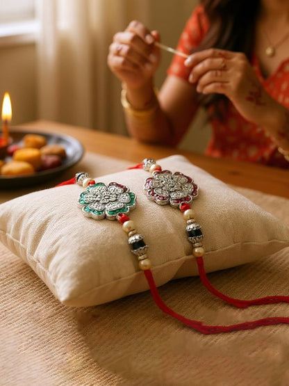 Lucky Jewellery Designer Oxidised Silver Meena Floral Rakhi - Rakshabandhan Rakhee Bracelet for Brother/Bhaiya/Bhai/Bhabhi - Pack of 2 (108-CHR1-1966-MG-S-2)