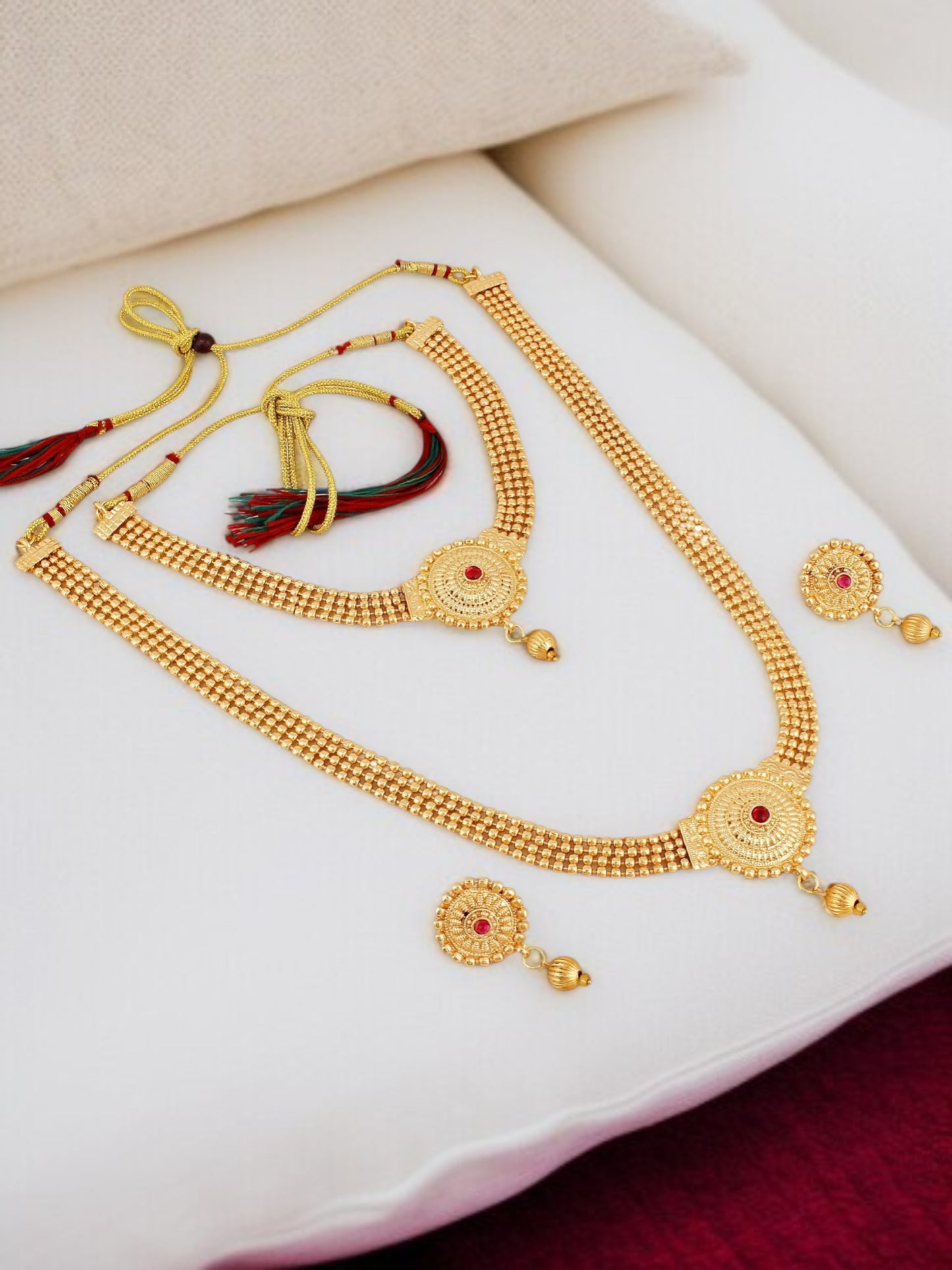 Gold Plated Double Layer Necklace Set with Earrings Traditional Jewellery