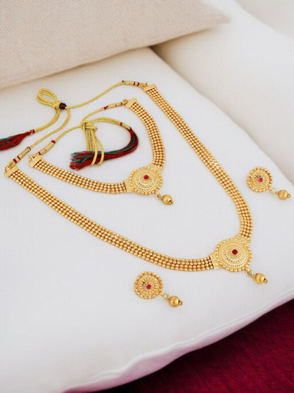 Gold Plated Double Layer Necklace Set with Earrings Traditional Jewellery