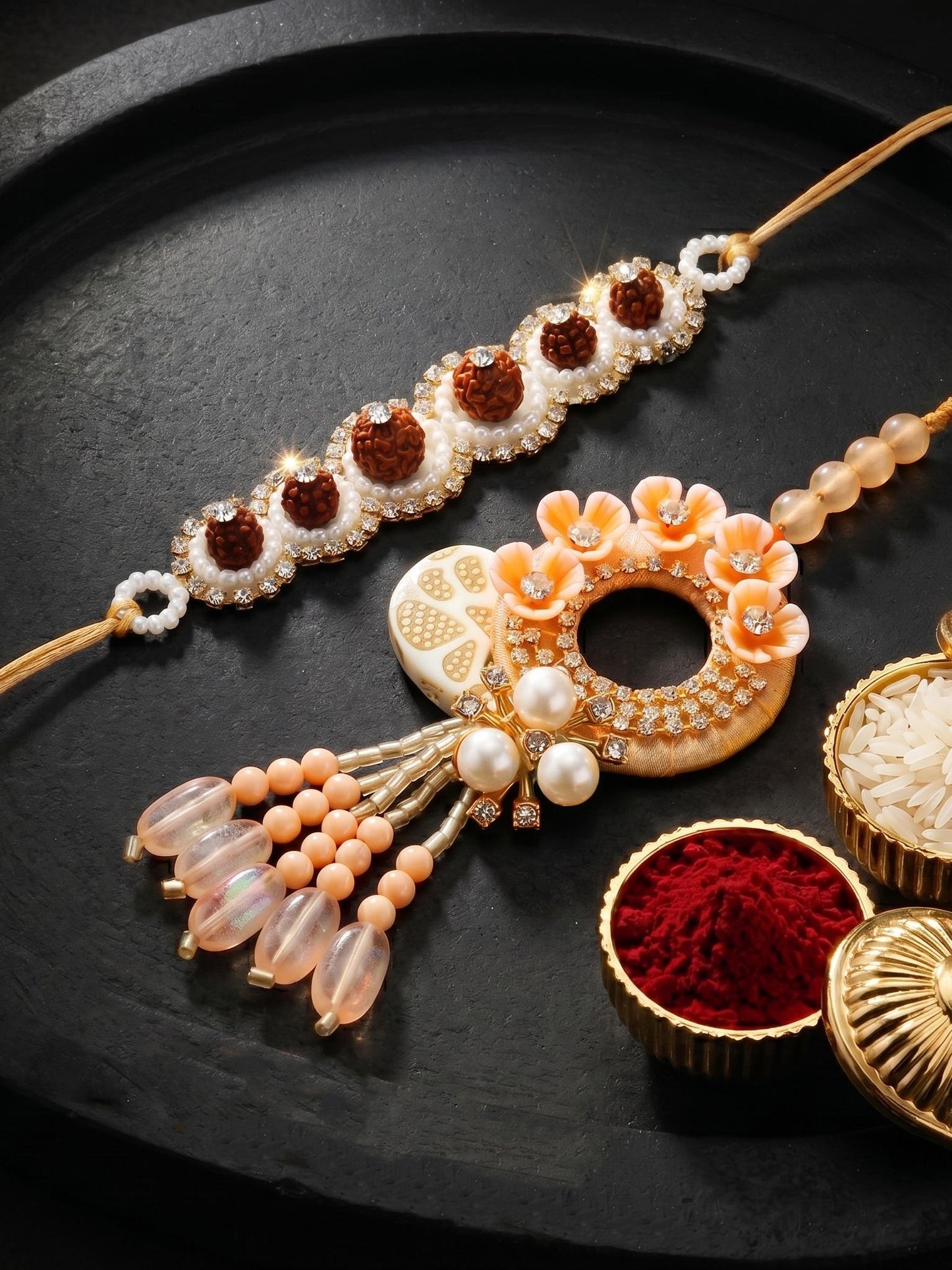 Designer Bhaiya Bhabhi Rakhi Set | Peach Floral Dangling Lumba & Traditional Brown Beaded Rakhi (192-S7R1-PJ6605-PH)