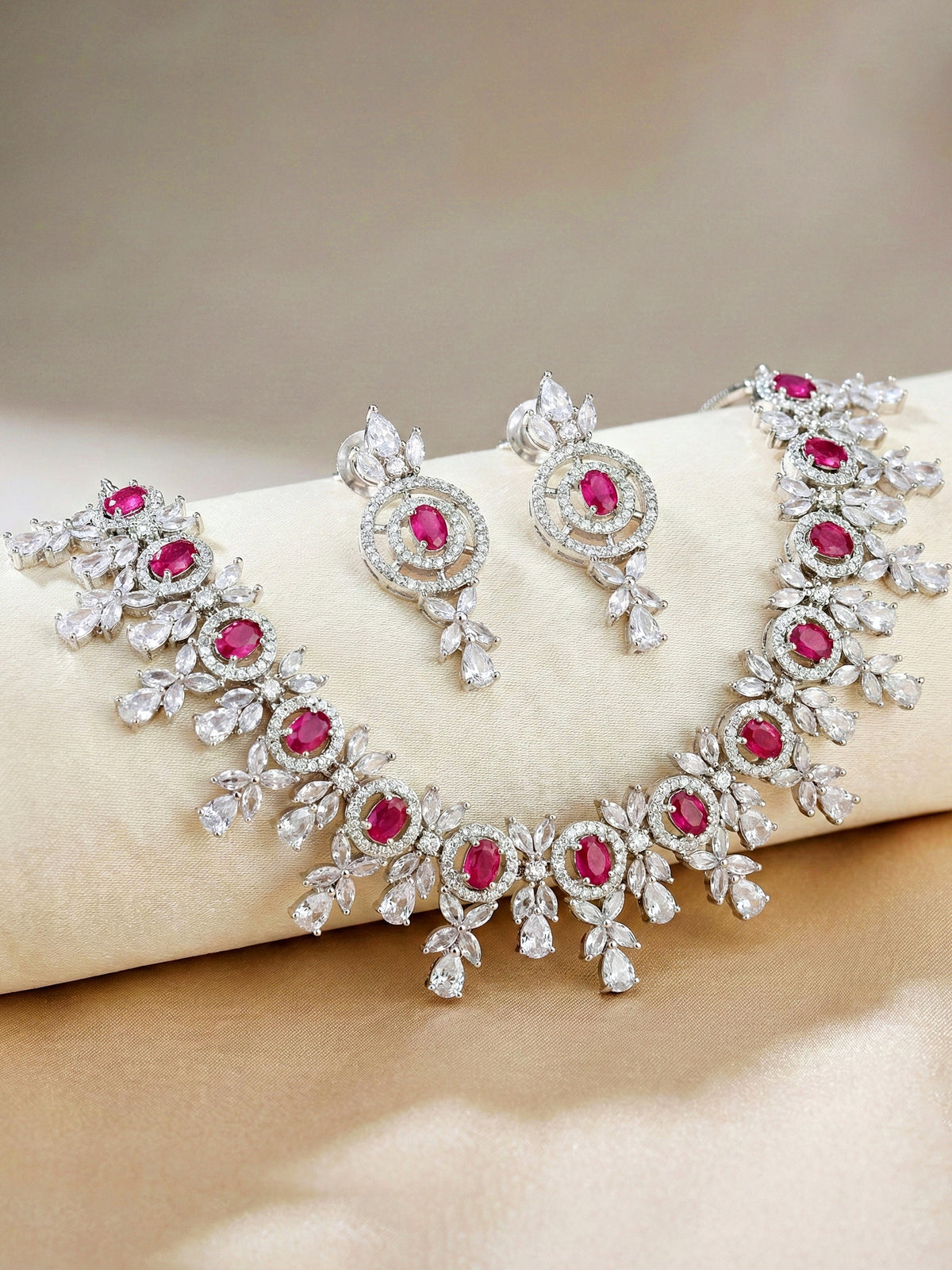 Silver-Tone Ruby Red Stone & American Diamond Necklace Set with Earrings for Women – Office, Party & Function Wear (1717-K4SA-2242-R-S)