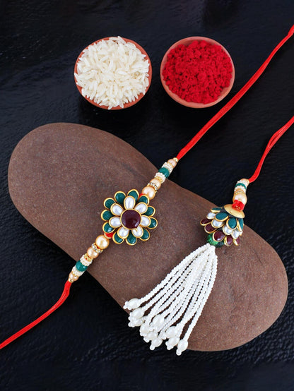 Lucky Jewellery Designer Gold Plated Maroon & Green Color Pachi Floral Rakhi - Rakshabandhan Rakhee with Pearl Lumba Bracelet for Brother/Bhaiya/Bhai/Bhabhi - Pack of 2 (173-JPCR1-1858-MG-2)