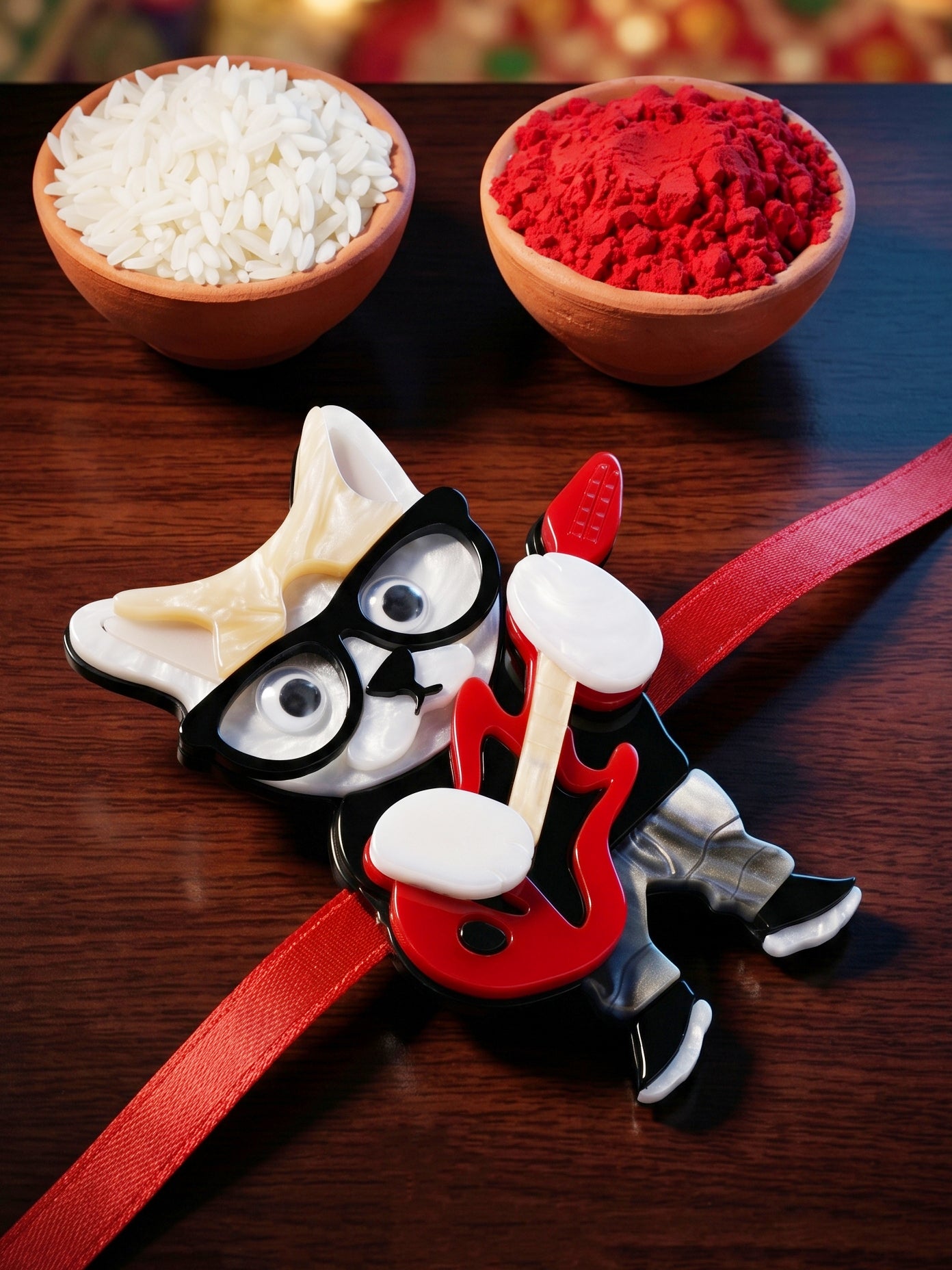 Kids Rakhi: Cute Rockstar Cat Playing Guitar Acrylic Charm on Red Ribbon, Roli, Chawal & Card (440-CHR1-1192-1-2026)