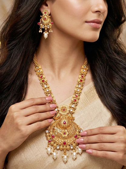 Lucky Jewellery Gold-Plated Ruby Color Long Necklace Set (660-G2SR-203-R)