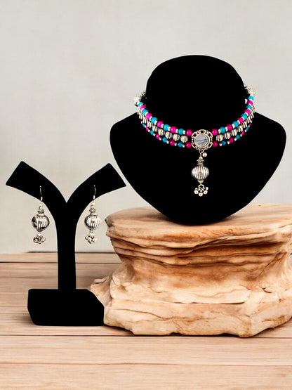 Navratri, Dandiya Garba Festival Jewellery Beads Choker Necklace with Earring