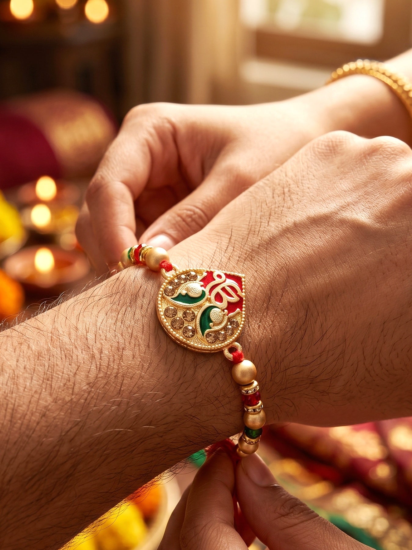 Ek Onkar Matte Gold Beaded Rakhi Set For Brother | Punjabi Sikh Rakhi With Roli Chawal, Card (102-S5R1-SA0177)