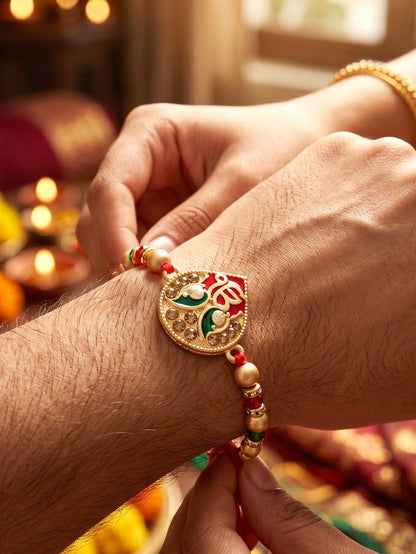 Ek Onkar Matte Gold Beaded Rakhi Set For Brother | Punjabi Sikh Rakhi With Roli Chawal, Card (102-S5R1-SA0177)