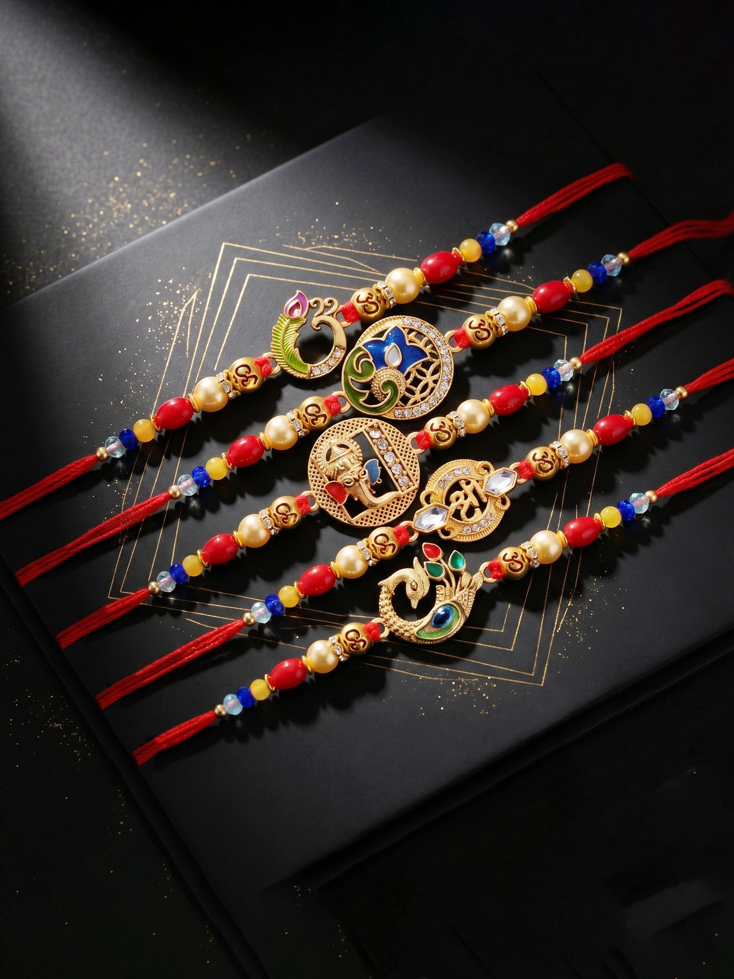 Lucky Jewellery Set of 5 Designer Rakhi for Brother | Golden Om, Ganesha & Peacock Beaded Threads | Premium Raksha Bandhan with Roli, Chawal & Greeting Card (360-S5R1-2305-5)