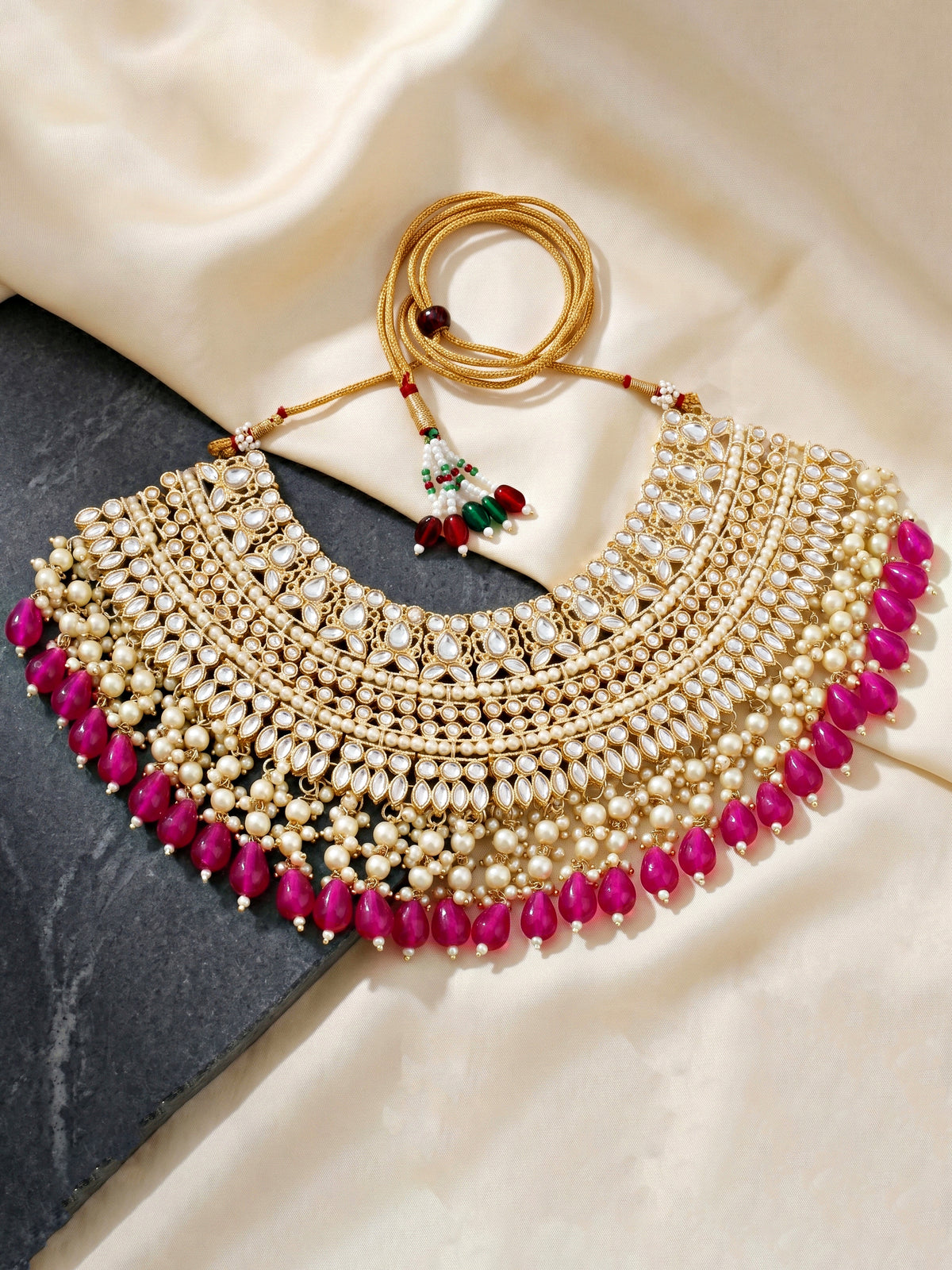 Gold Plated Kundan & Pearl Rani Pink Stone Bridal Choker Jewellery Set with Maang Tikka (1683-ISK-855-R)