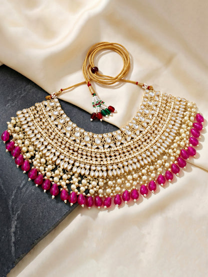 Gold Plated Kundan & Pearl Rani Pink Stone Bridal Choker Jewellery Set with Maang Tikka (1683-ISK-855-R)