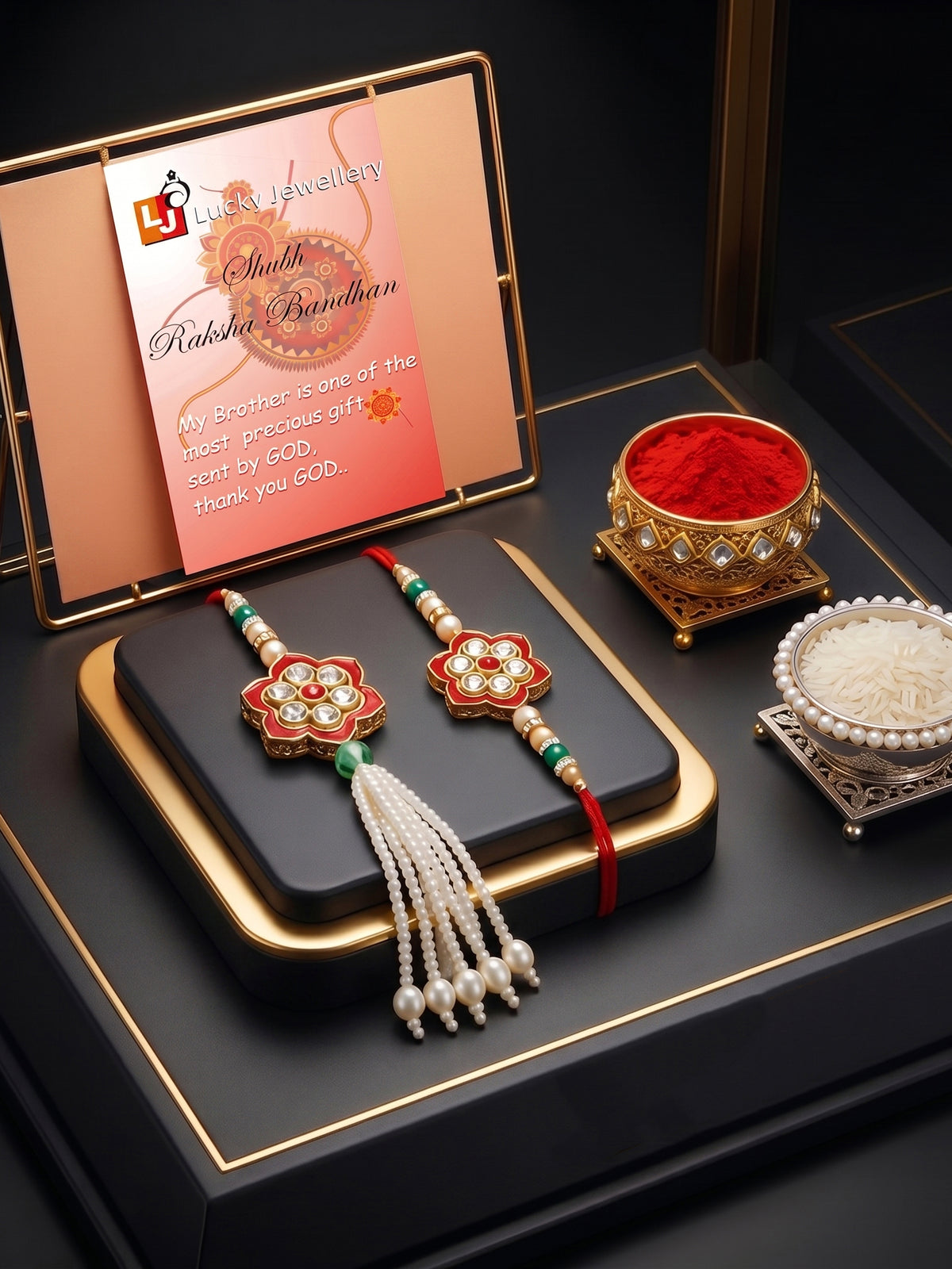 Set of 2 Bhaiya Bhabhi Rakhi Set with Red Floral, Green & White Beads, Tassel Lumba, Roli Chawal (118-JPCR1-1847-M-2-2026)