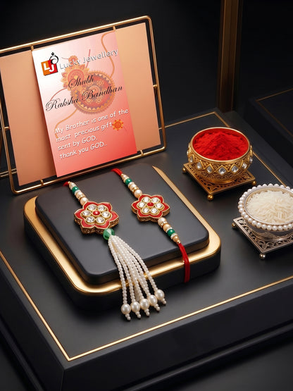 Set of 2 Bhaiya Bhabhi Rakhi Set with Red Floral, Green & White Beads, Tassel Lumba, Roli Chawal (118-JPCR1-1847-M-2-2026)