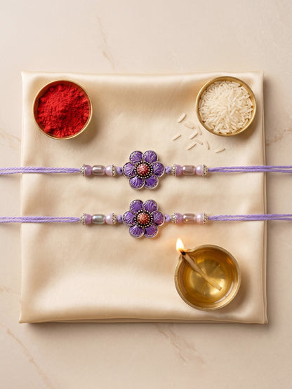 Set of 2 Purple Floral Rakhi for Brother with Silver Accents, Lavender Beads, Roli & Chawal & Card (106-CHR1-1967-P-S-2-2026)