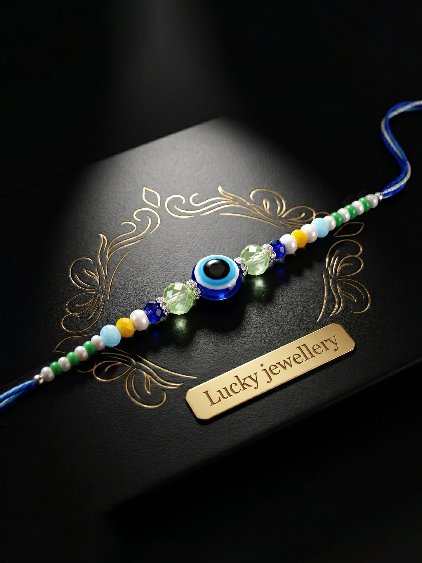 Blue Evil Eye Rakhi with Greeting Card and Roli Chawal Set for Rakshabandhan (57-S5R1-RN2244)
