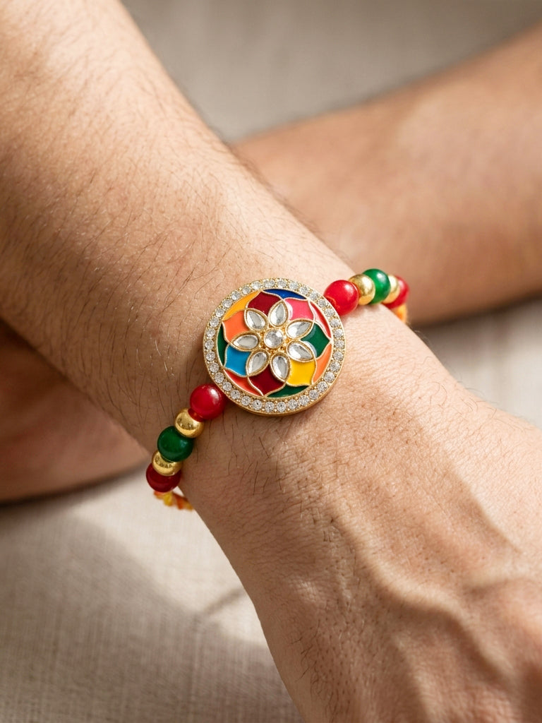 Set of 2 Multicolor Meenakari Bhaiya Bhabhi Rakhi Set With Lumba, Roli, Chawal & Card (325-CHCR1-1152-MT-2-2026)