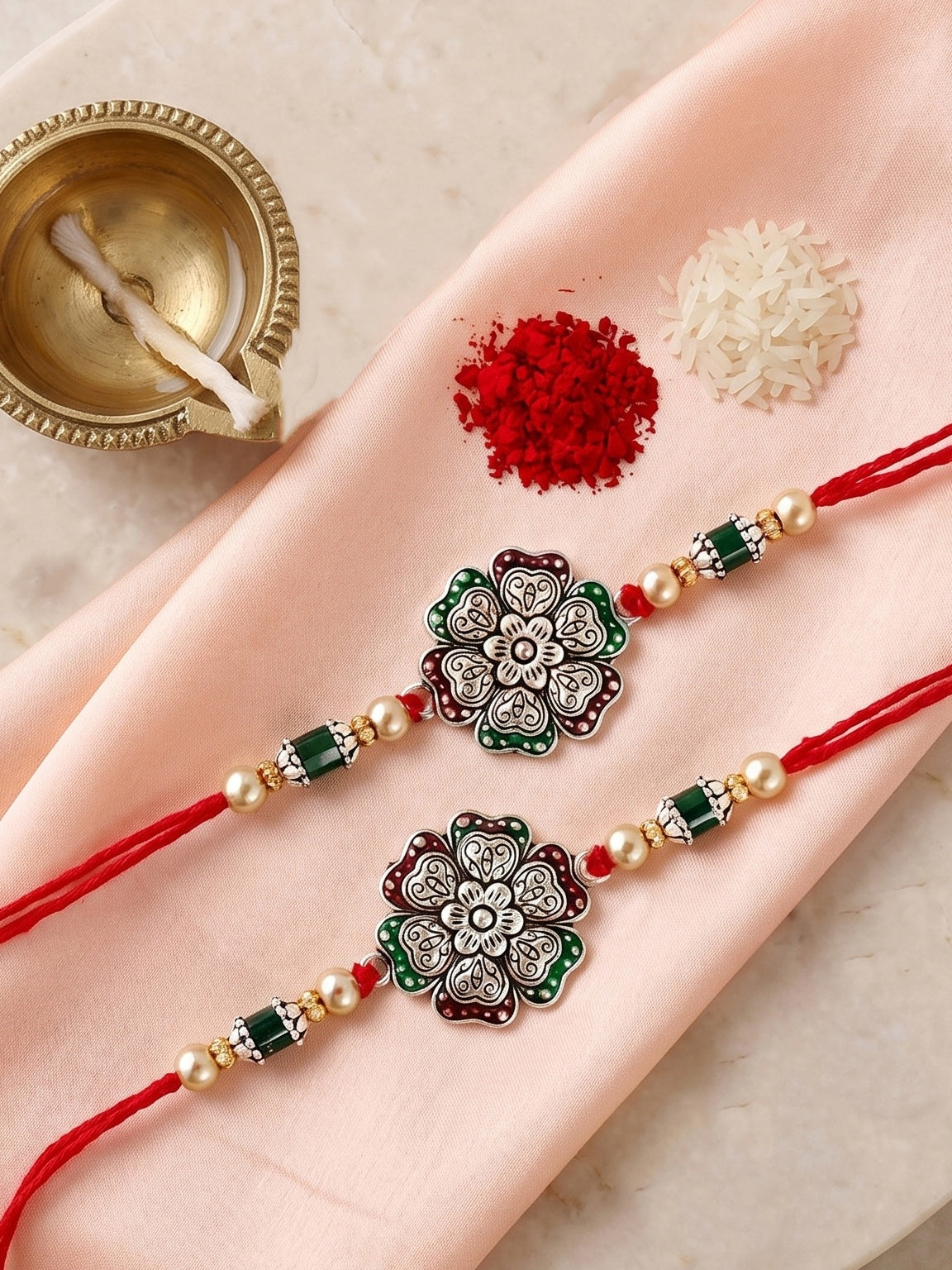 Set of 2 Silver Floral Rakhi for Brother with Metallic, Green & Maroon Enamel, Roli & Chawal & Card (108-CHR1-1966-MG-S-2-2026)