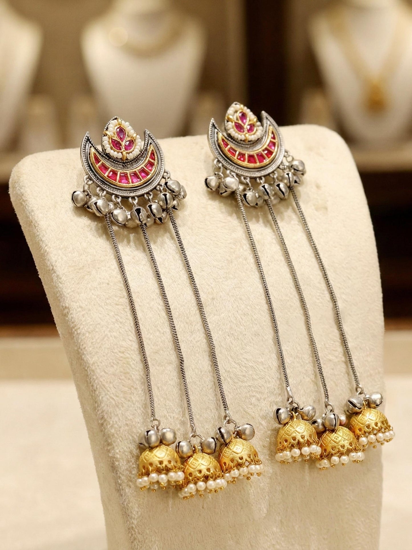 LUCKY JEWELLERY Oxidized Silver Kashmiri Earrings with Magenta Stone, Triple Chain Layer & Triple Gold Jhumka |Black Metal Chandbali Style Earring Set for Girls & Women | Wedding, Festival & Gift Wear