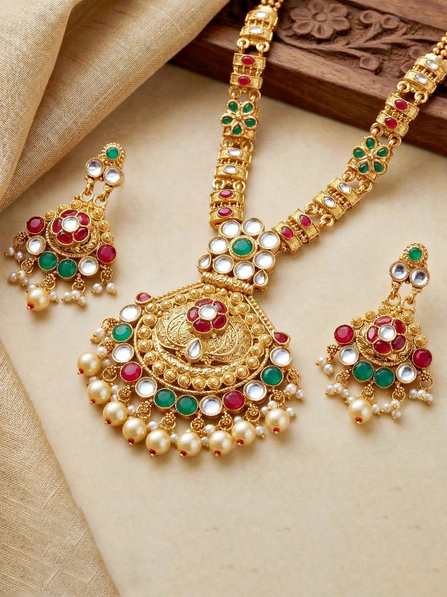 Lucky Jewellery Gold-Plated Ruby & Green Color Necklace Set (732-G2SR-191-RG)