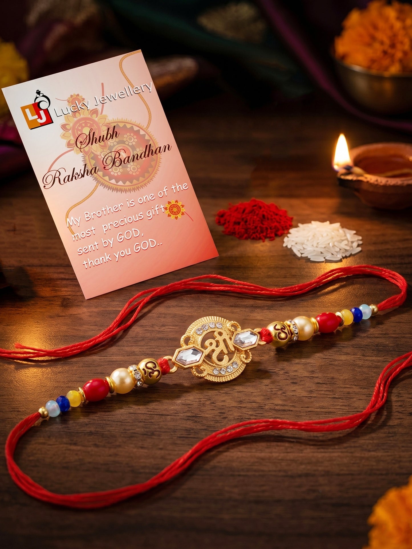 Religious Shree Symbol & Spiritual Om Beaded Rakhi Set for Brother | Roli Chawal, Card (72-S5R1-AR2967)