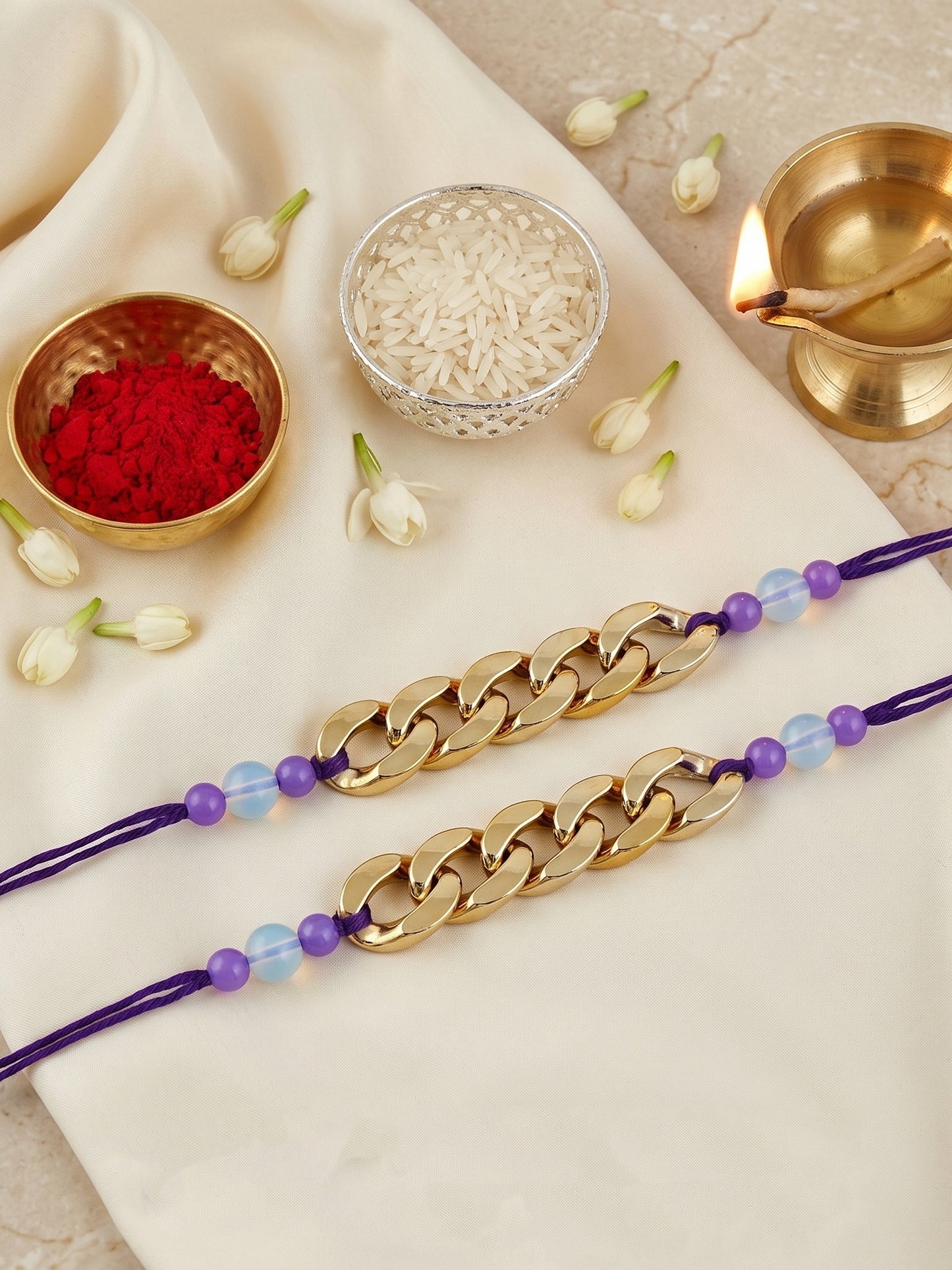 Set of 2 Modern Gold Chain Link Rakhi for Brother with Lavender Beads, Roli Chawal & Card (105-CHR1-1197-2-2026)