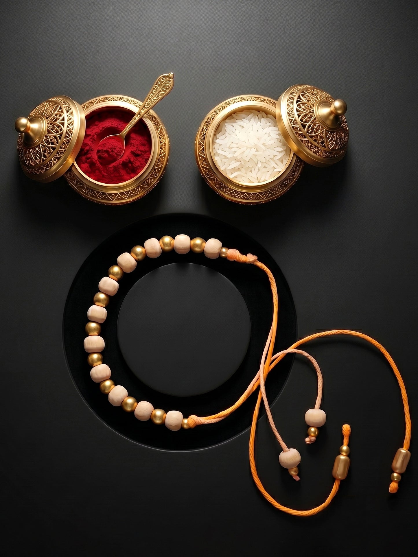 Traditional Tulsi Beads Rakhi for Brother with Gold Accents, Roli Chawal & Card (66-TUR1-1988-1-2026)