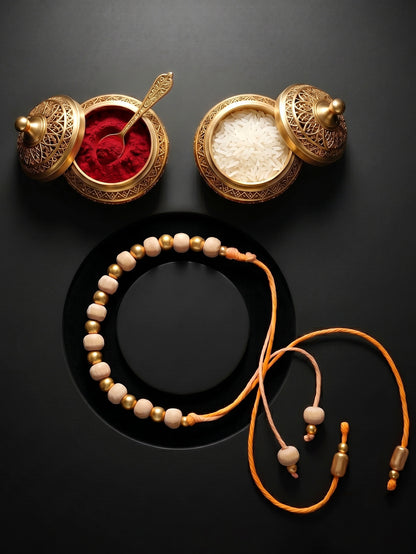 Traditional Tulsi Beads Rakhi for Brother with Gold Accents, Roli Chawal & Card (66-TUR1-1988-1-2026)