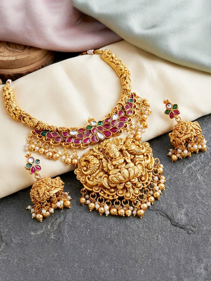 Gold Plated Temple Jewellery Necklace Set for Women with Goddess Lakshmi Pendant, Red Ruby & Green Stone Floral Design, Antique Traditional South Indian Bridal Jewellery, Pearl Drop Choker Necklace with Matching Jhumka Earrings (1634-ISR-2180-R)