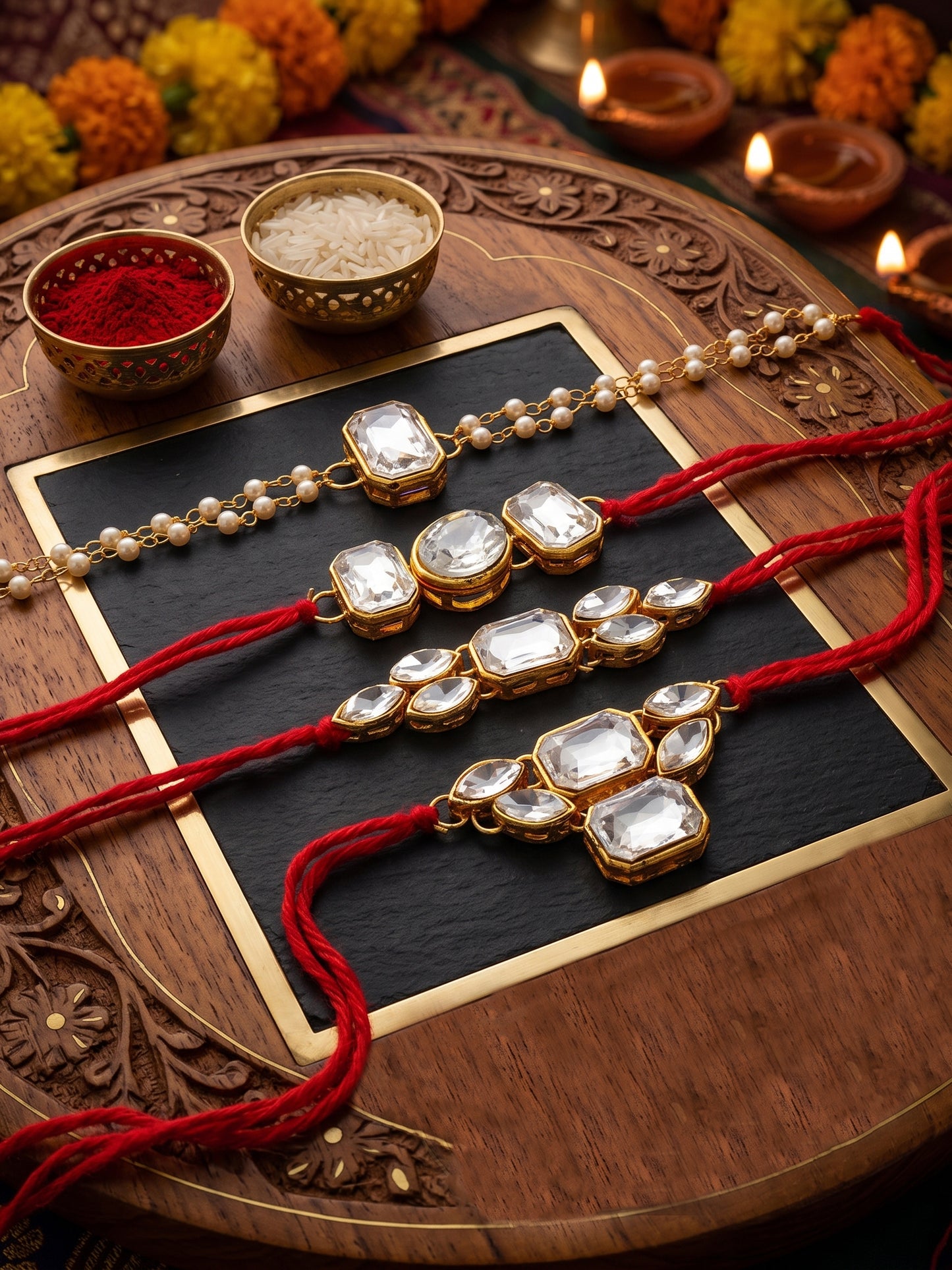 LUCKY JEWELLERY Traditional Rakhi for Brother/Bhaiya – Gold Plated Red Thread Rakshabandhan Rakhie White Stones for Bhai/Bhabhi (Pack of 4) – Fancy Rakhee Bracelet Rakshasutra (182-L1R1-18-W-4-2026)