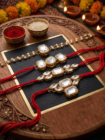 LUCKY JEWELLERY Traditional Rakhi for Brother/Bhaiya – Gold Plated Red Thread Rakshabandhan Rakhie White Stones for Bhai/Bhabhi (Pack of 4) – Fancy Rakhee Bracelet Rakshasutra (182-L1R1-18-W-4-2026)
