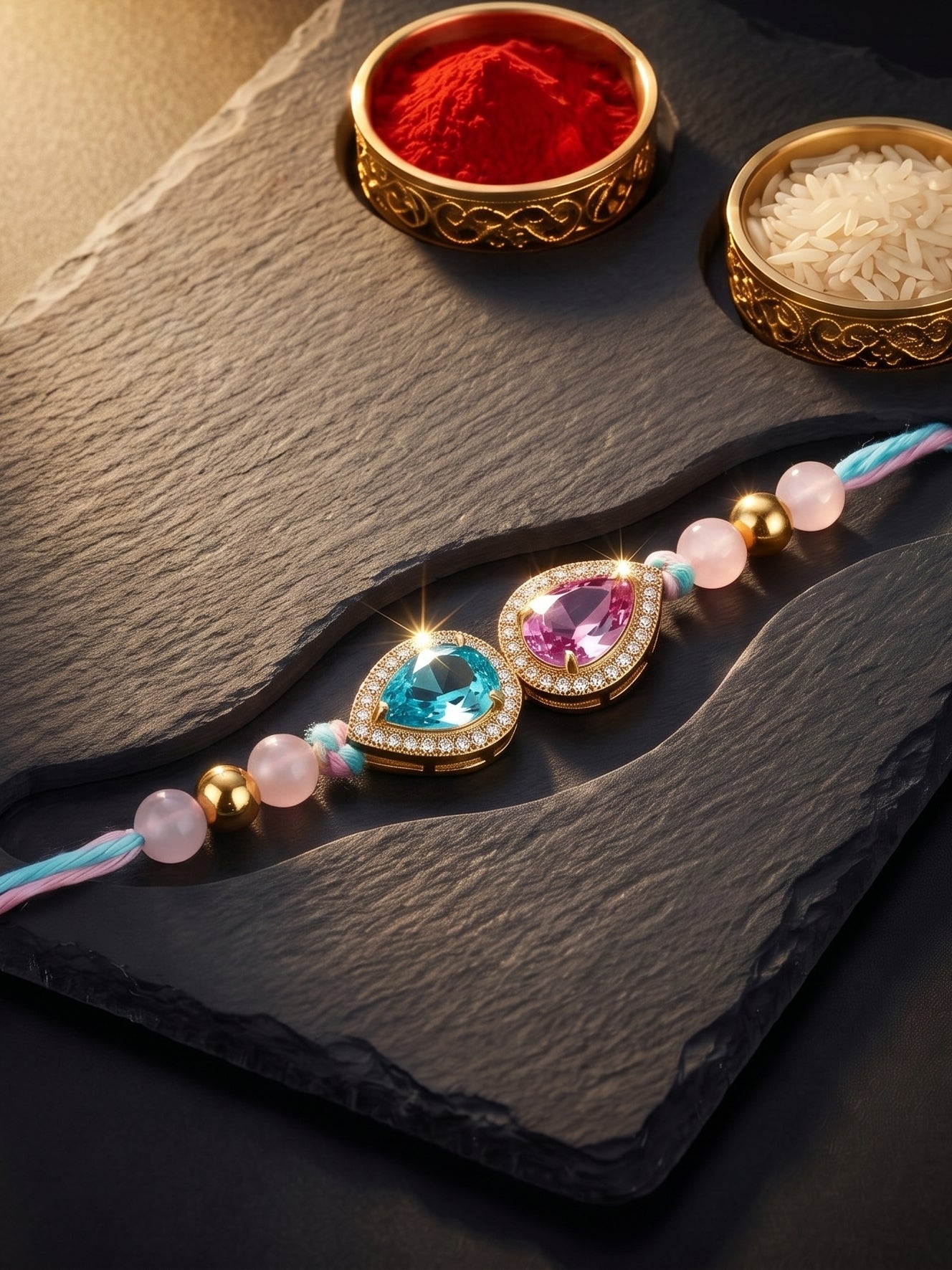 Rakhi for Brother with Blue & Pink drop AD Pendant, Smooth Pastel Beads,Roli Chawal & Card (176-CHR1-1279-PKF-1-2026)
