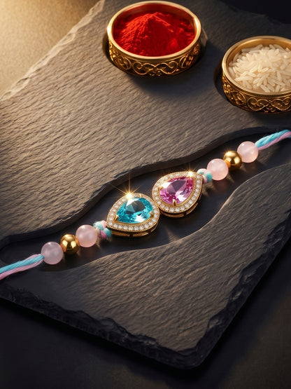 Rakhi for Brother with Blue & Pink drop AD Pendant, Smooth Pastel Beads,Roli Chawal & Card (176-CHR1-1279-PKF-1-2026)