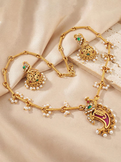 Traditional Gold-Tone Paisley Pendant Necklace Set with Dome Jhumka Earrings | Pink Enamel Meenakari Detailing & Green Stone Embellishments (689-ISR-2182-RG)