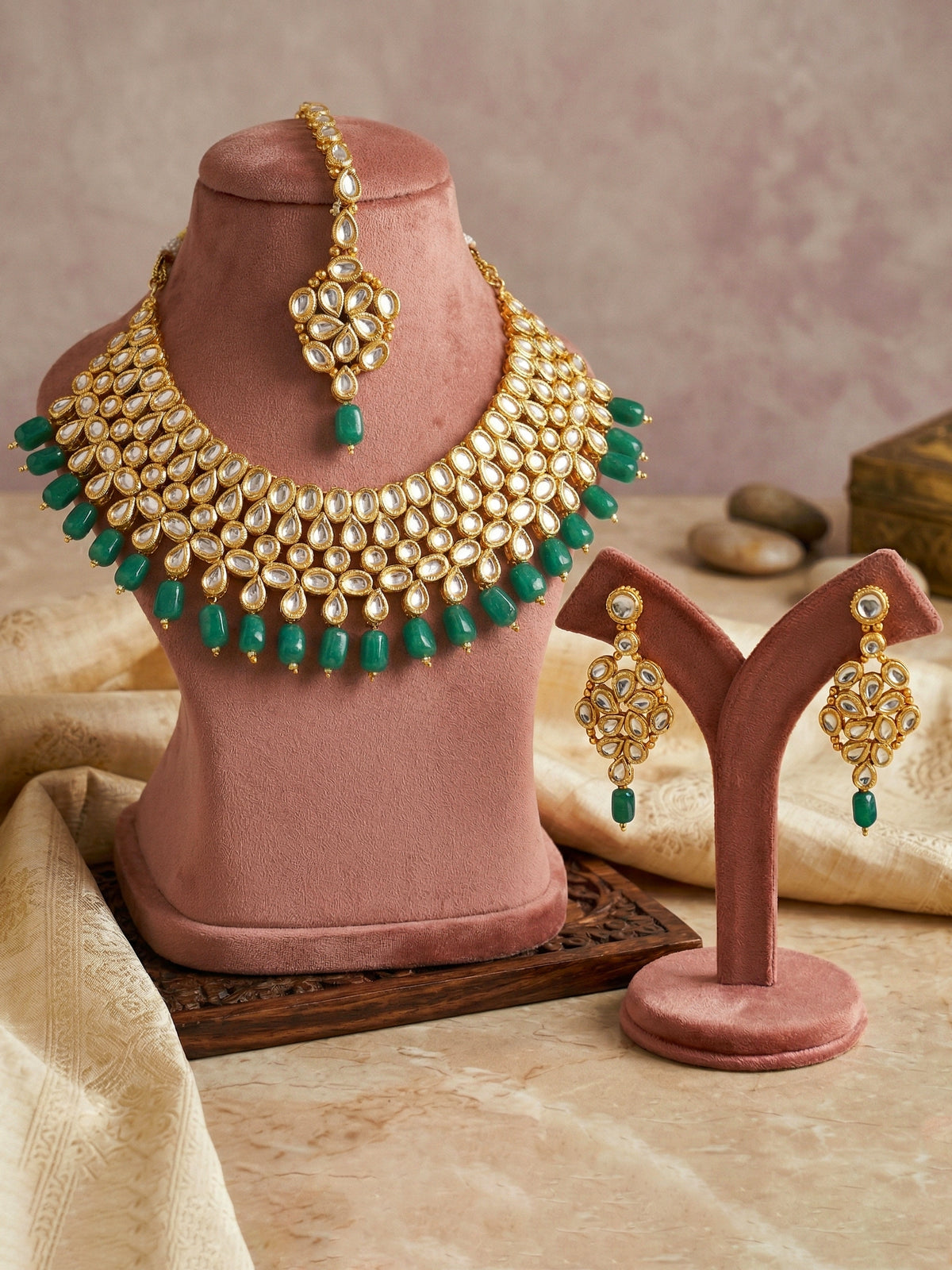 Handcrafted Kundan Green Beaded Choker Jewellery Set with Maang Tikka, 18K Gold Plated (842-B5SP-005-G)